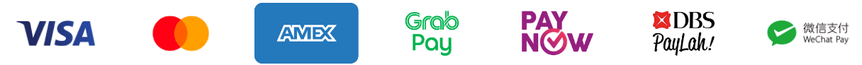 Accepted payment methods: Visa, Mastercard, Amex, GrabPay, PayNow, DBS PayLah, WeChat Pay